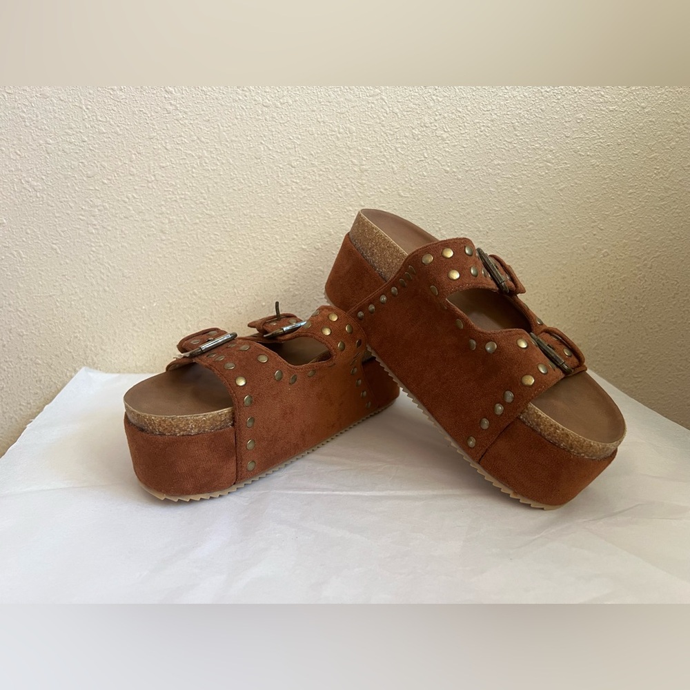Rust Faux-Suede Studded Platform Sandals